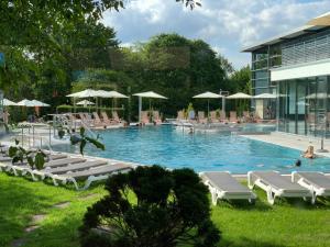 a large swimming pool with lounge chairs and umbrellas at Private Suite im Gebäude des Graf Eberhard Hotels in Bad Urach