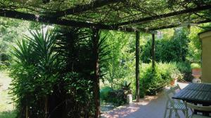 Una pérgola con una mesa y un gato debajo. en Casa Maya con giardino privato en Torre del Lago Puccini