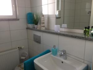 La salle de bains est pourvue d'un lavabo et d'un miroir. dans l'établissement Schöne zwei Zimmer Wohnung, à Walldorf