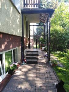 a porch of a building with a cat standing in front at Pokoje Rodzinne Hanna in Gdańsk