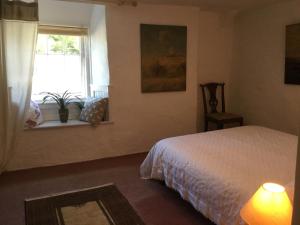 a bedroom with a bed and a window at Jasmine Cottage in Lerryn