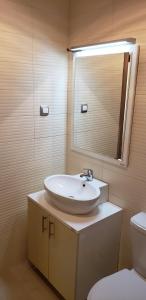 a bathroom with a sink and a mirror and a toilet at Park Beach Apartments in Ohrid
