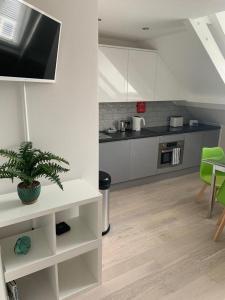 a kitchen with white cabinets and a potted plant at Apt 3, Opera House ensuite 4th Floor by Indigo Flats in London