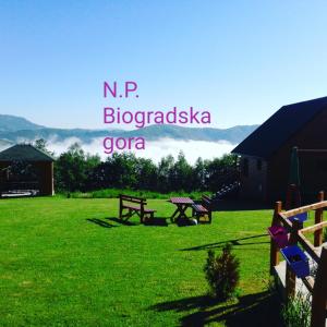 einen Rasenplatz mit zwei Picknicktischen im Gras in der Unterkunft ECO ViLLAGE CORIC in Mojkovac