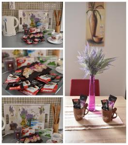 a collage of pictures of a table with a vase of flowers at Stan na dan T&N in Lukavica