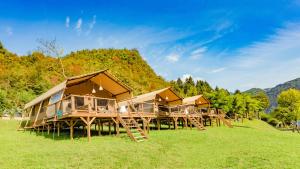 a group of cottages in a field with trees at Lodge Holidays - Camping Gajole in Arsiè