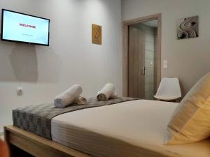 a bedroom with a bed and a flat screen tv at Neva Apartments by the Beach in Makry Gialos