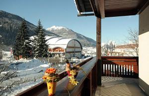 una boca de incendios en un balcón con una montaña cubierta de nieve en Gästehaus Steiner, en Tröpolach