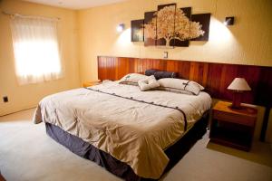 a bedroom with a large bed and a chandelier at Los Andes Coatzacoalcos in Coatzacoalcos