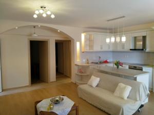 a living room with a couch and a kitchen at kostas apartment in Vlikhón