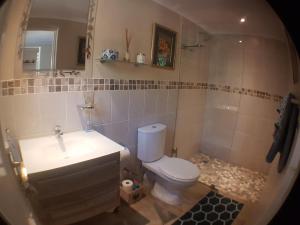 un bagno con un water, un lavandino e uno specchio di Malachite Cottage a Kommetjie Altre 21 foto