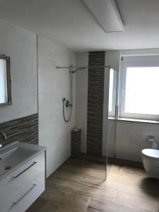 a bathroom with a shower and a sink at Ferienwohnung Scholter in Eichstegen +41 photos