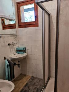La salle de bains est pourvue d'un lavabo et d'une cabine de douche. dans l'établissement Chalet Stara Jelka Pokljuka, à Zgornje Gorje