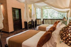 a hotel room with two beds and a window at Tambopata Research Center in Tambopata