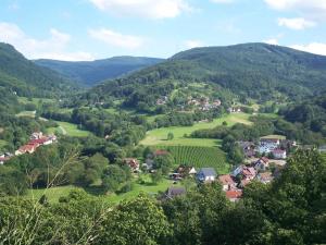 ein Dorf in einem Tal mit Bergen im Hintergrund in der Unterkunft Ferienwohnung Serr in Lauf