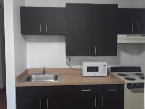 uma cozinha com armários pretos, um lavatório e um micro-ondas em Welcome Suites Hazelwood Extended Stay Hotel em Hazelwood