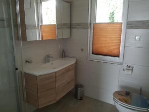 a bathroom with a sink and a mirror and a toilet at Haus Skye in Großenbrode