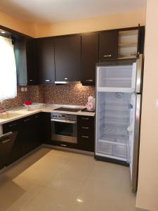 eine Küche mit schwarzen Schränken und einem offenen Kühlschrank in der Unterkunft Purple_Rose_Apartment in Chaniotis