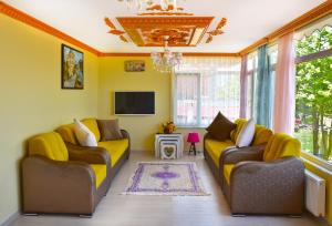 a living room with two couches and a tv at seasidehouse in Ordu