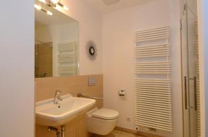 a bathroom with a sink and a toilet and a mirror at City Exklusiv II in Dresden +28 photos