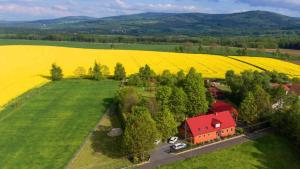 z góry widok na farmę z czerwonym domem i polem w obiekcie Chata na Borowinowej w mieście Wolimierz