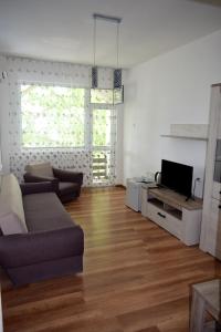 a living room with a couch and a tv at Ahilea Hotel - Free Pool Access in Balchik