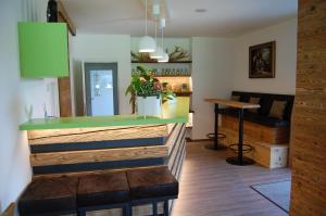 a bar with a green counter in a living room at Villa Landlust in Sankt Leonhard