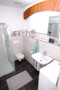a bathroom with a sink and a toilet and a shower at b3 - bike & bed bitterfeld in Bitterfeld +38 photos