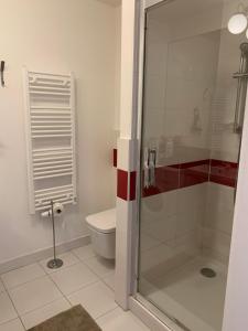 a bathroom with a toilet and a glass shower at Apartments in Panorama City on 25th floor - amazing view close to Old town in Bratislava