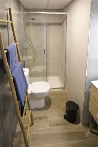 a bathroom with a toilet and a glass shower at Patio de Rivas y Palma in Córdoba