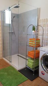 a shower with a glass door next to a washing machine at Appartment Bürger-Hinteregger in Seeboden