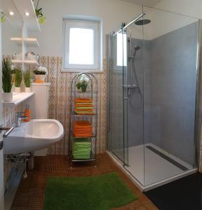 ゼーボーデンにあるAppartment Bürger-Hintereggerのバスルーム(シャワー、洗面台、ガラス張りのシャワーブース付)