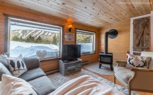 a living room with a couch and a flat screen tv at Chalet Le Pti Loup - Les Chalets Spa Canada in La Malbaie