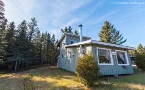 a tiny house in a yard with trees at Chalet Le Pti Loup - Les Chalets Spa Canada in La Malbaie