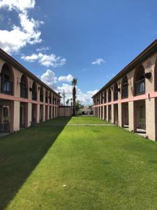巴顿威洛National 9 Inn的一座有草地庭院的建筑的空庭院