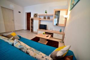 a living room with a blue couch and a table at FLH - Apartament Central Silva in Sibiu