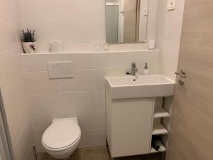 a white bathroom with a toilet and a sink at Apartments Ostanek in Portorož