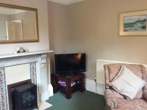 a living room with a tv and a chair and a fireplace at Highgate, Beverley/Hull in Beverley