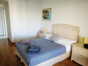 ein Schlafzimmer mit einem großen Bett mit einer blauen Decke in der Unterkunft Front beach Luxury near Nice airport in Cagnes-sur-Mer