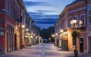 una calle de ciudad vacía por la noche con luces de calle en Avalon Lux Studio Apartment, en Novi Sad