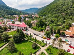 eine Luftansicht einer Kleinstadt in den Bergen in der Unterkunft Pensiune Restaurant Select in Băile Herculane