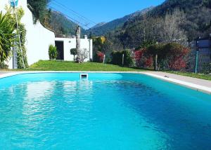 a large blue swimming pool in front of a house at Casinhas do Gerês in Geres
