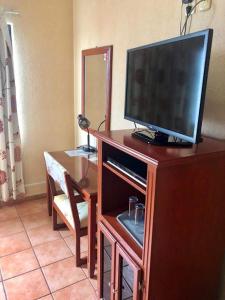 a television on top of a wooden entertainment center at Hotel Virreynal in Córdoba