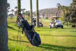 提華納的住宿－Real del Mar Golf Resort，高尔夫球车旁杆上的高尔夫球袋