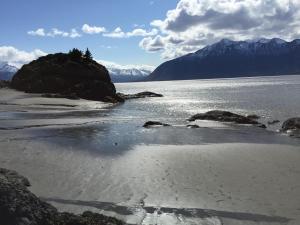 a beach with rocks and water and mountains at Trinity Escapes - Two Bedroom two bathroom full Apartment near airport in Anchorage