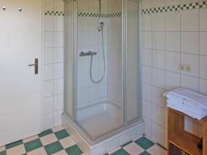 a shower with a glass door in a bathroom at Haus Nordlicht Ferienwohnung *Bi a Maln* in Nebel