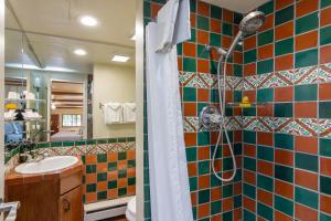 a bath room with a shower and a sink at Santa Fe Motel & Inn in Santa Fe