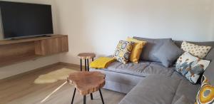 a living room with a couch and a flat screen tv at Vila Mojca - Apartmaji Lena in Kranjska Gora