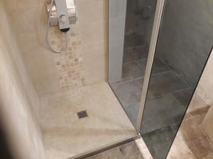 een douche met een glazen deur in de badkamer bij Mas du Grand Bourry in Le Cailar