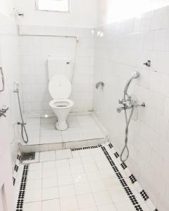 マルガオにあるHotel Paulinoの白いバスルーム(トイレ、シャワー付)
